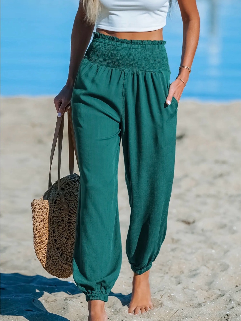 NEWT Cupshe Teal Green Smocked High-Waist Jogger Pants- size XL